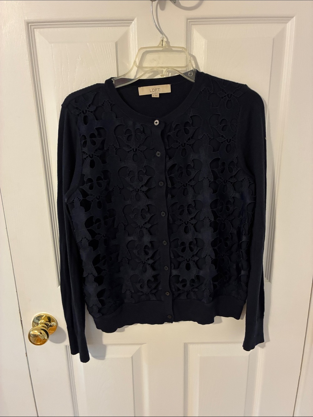 LOFT Navy Floral Cutout Button-Up Cardigan